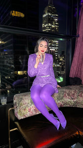 Long sleeve purple dress with pantyhose