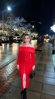 Long red dress con zipper delantero